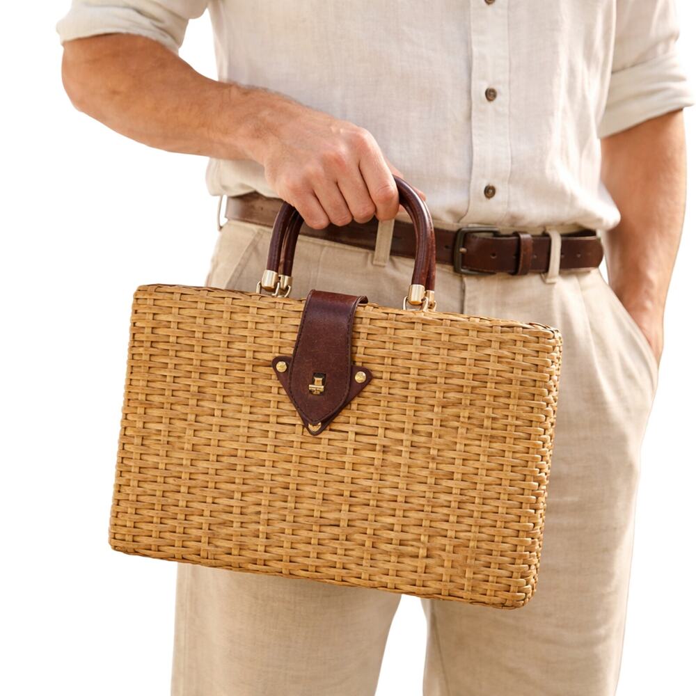 Vintage 80s Wicker Suitcase Purse Structured Basket Handbag Hong Kong